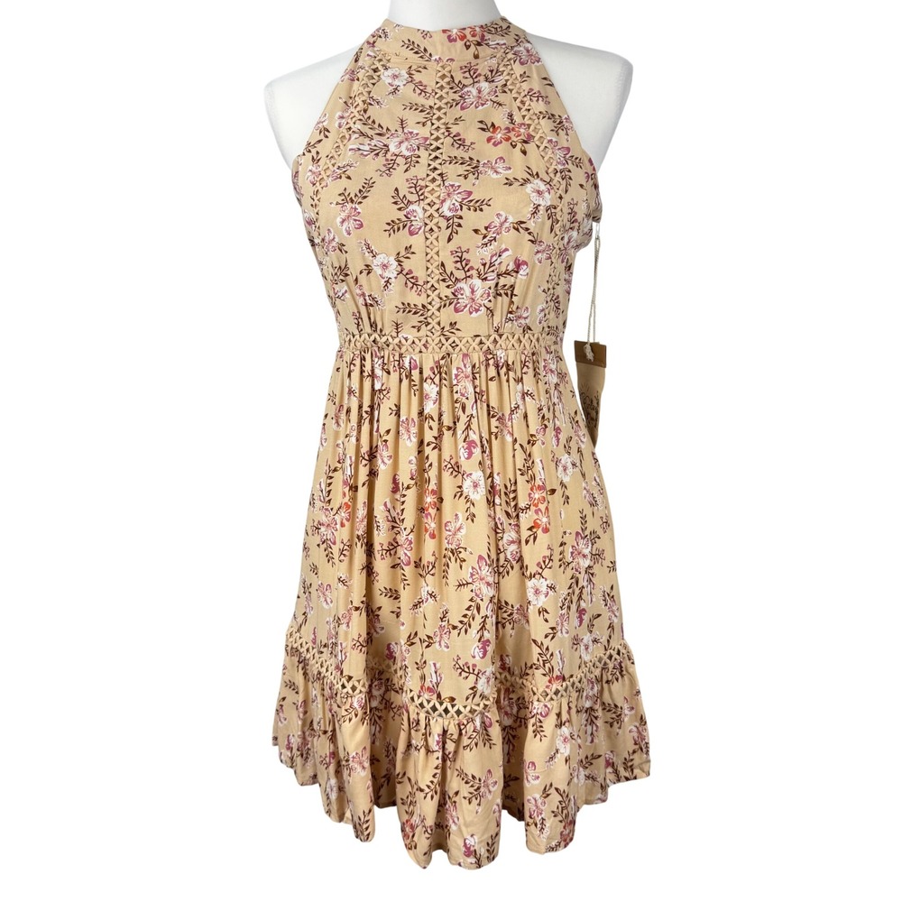 Sunday Mi Amor Floral Halter Mini Dress Tan Pink Boho Open Back Crochet Trim S